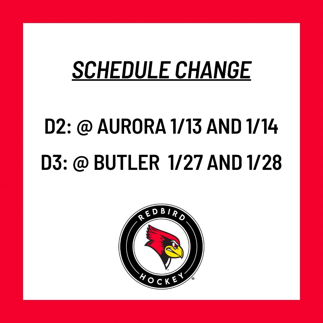 ‼️SCHEDULE CHANGE‼️

D2 and D3 are cancelling games against NIU and these games are added to the schedule: 

D2 @ Aurora 1/13 and 1/14
D3 @ Butler 1/27 and 1/28 

#rollbirds #hereforgood